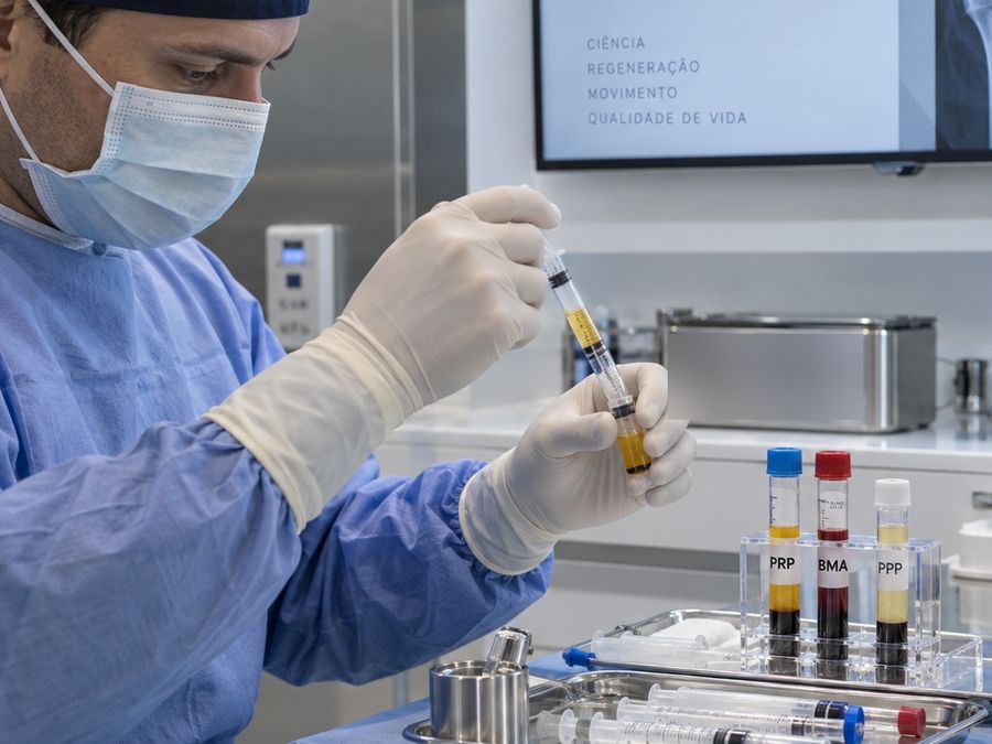 Médico preparando o material de PRP e BMA, com os tubos identificados
